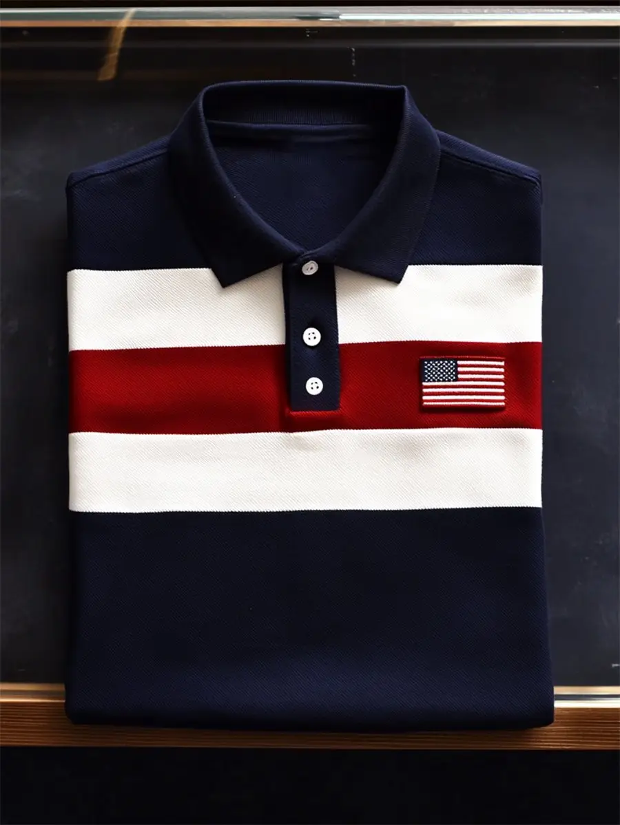 Men's Business Casual Striped Independence Day Button Short Sleeve Polo Shirt