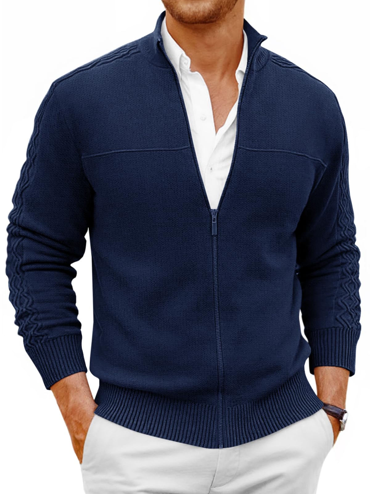 Mens Full Zip Cardigan Sweater Casual Mock Neck Cable Knitted Winter Chunky Sweaters