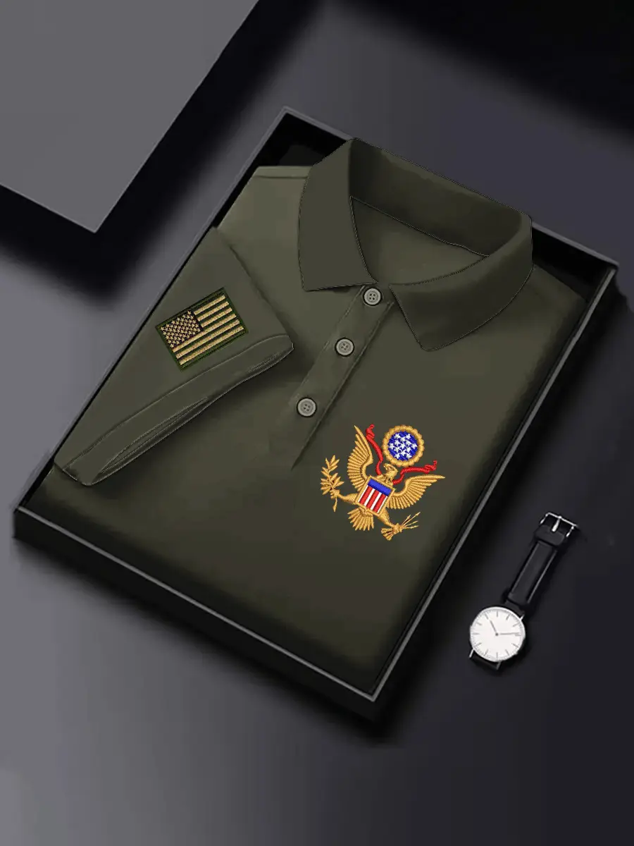 Men's Business Casual Striped Independence Day Button Short Sleeve Polo Shirt