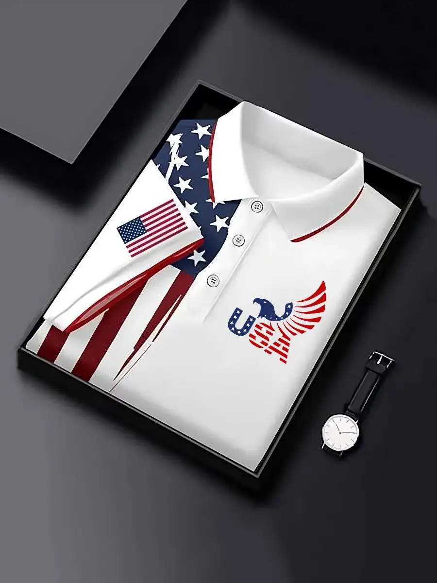 Men's Business Casual Striped Independence Day Button Short Sleeve Polo Shirt