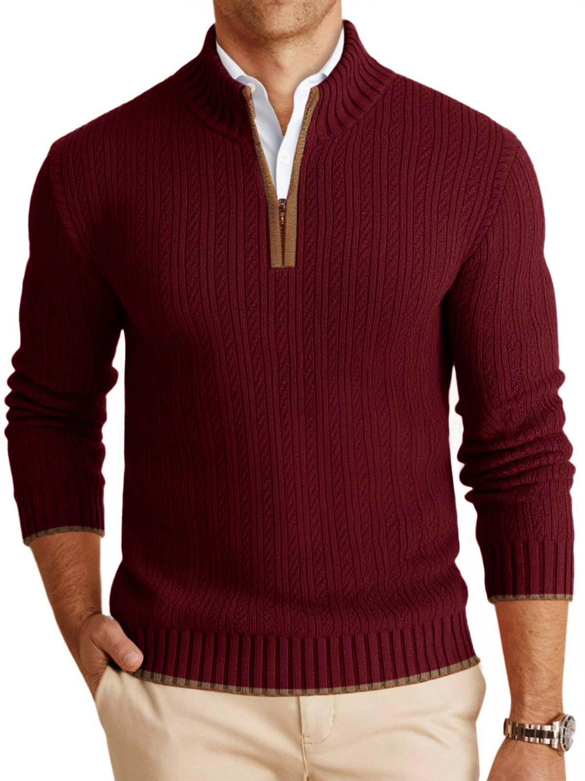 Mens Quarter-Zip Pullover Sweater Casual Mock Neck Knitted Winter Warm Ribbed Polo Sweaters