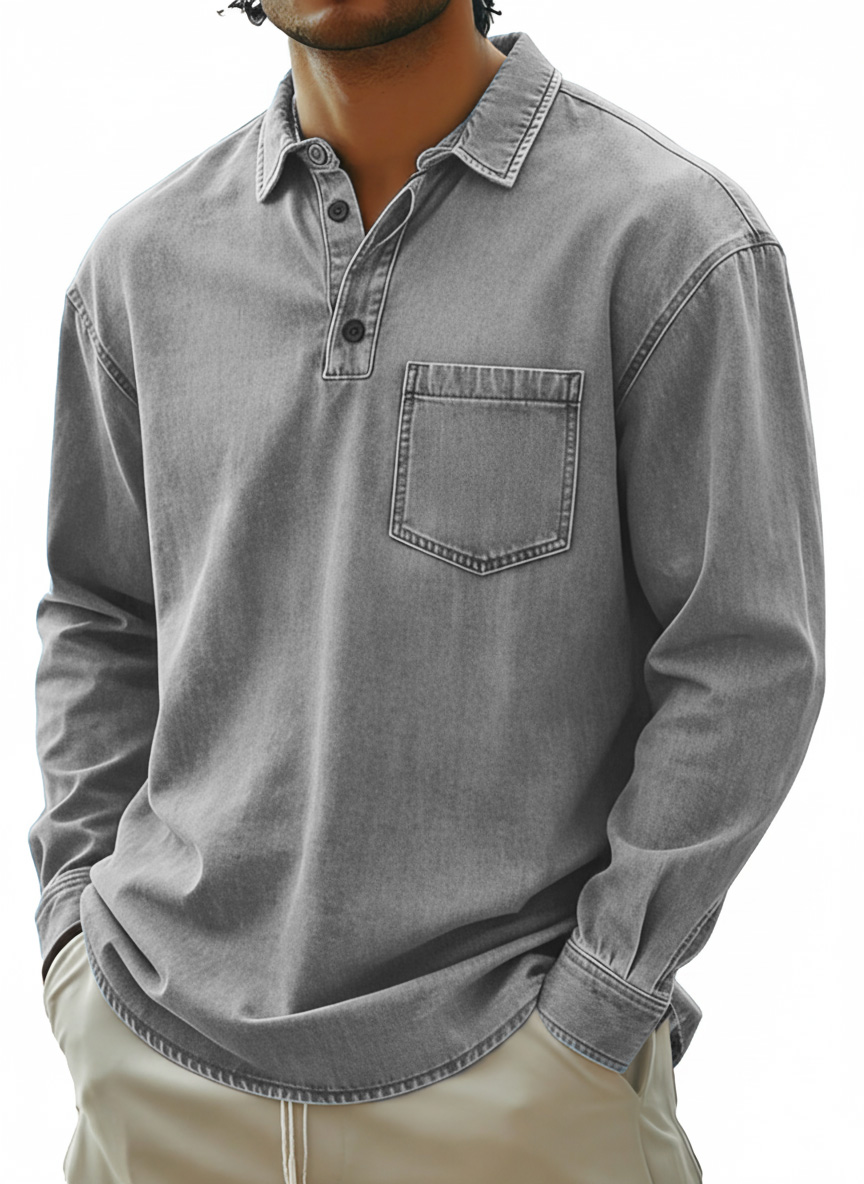 Men's Fashionable Retro Distressed Collared Pocket Long-Sleeved Polo Shirt