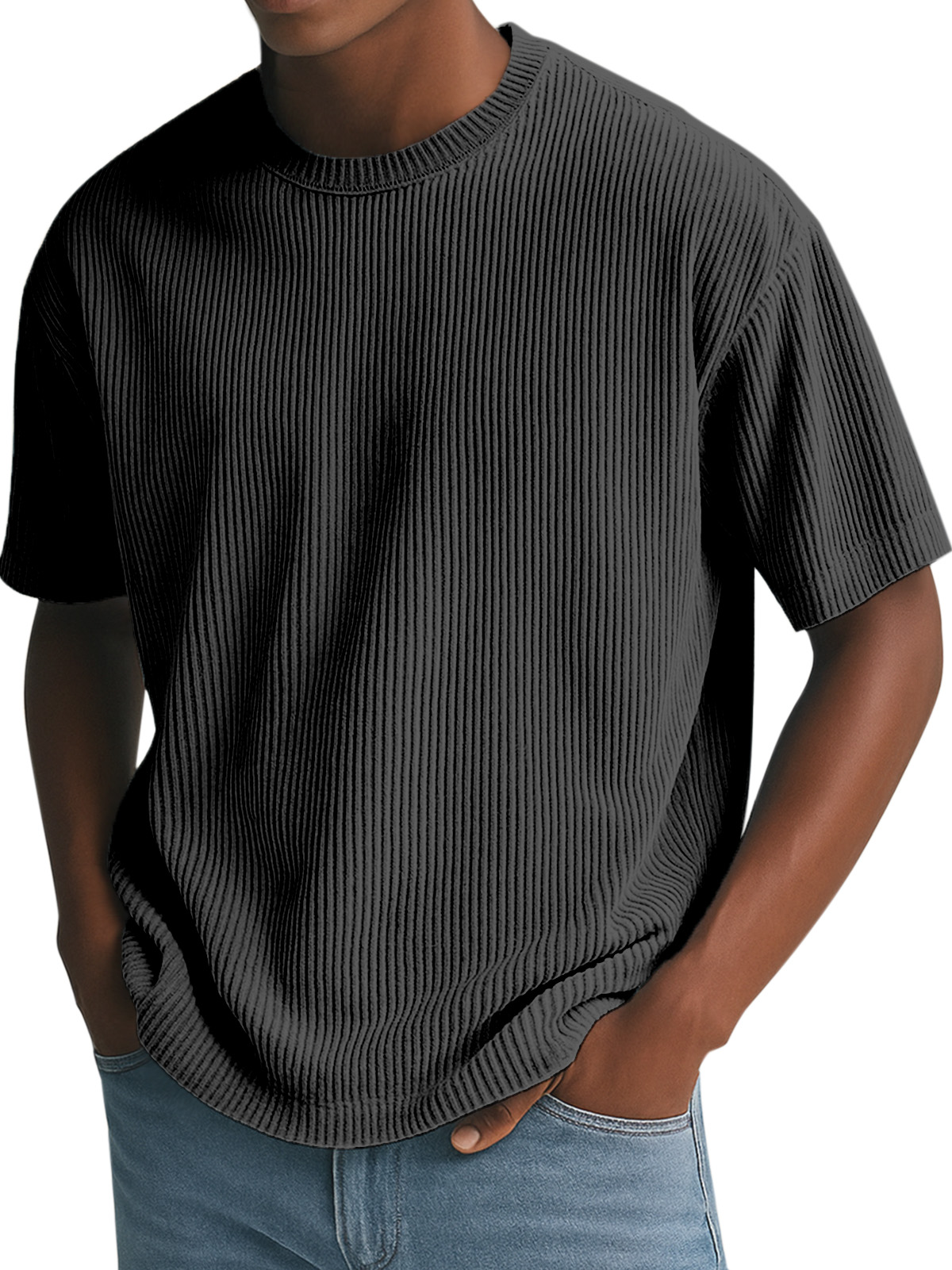 Men's Simple Solid Color Vertical Pit Short-sleeved Round Neck T-shirt