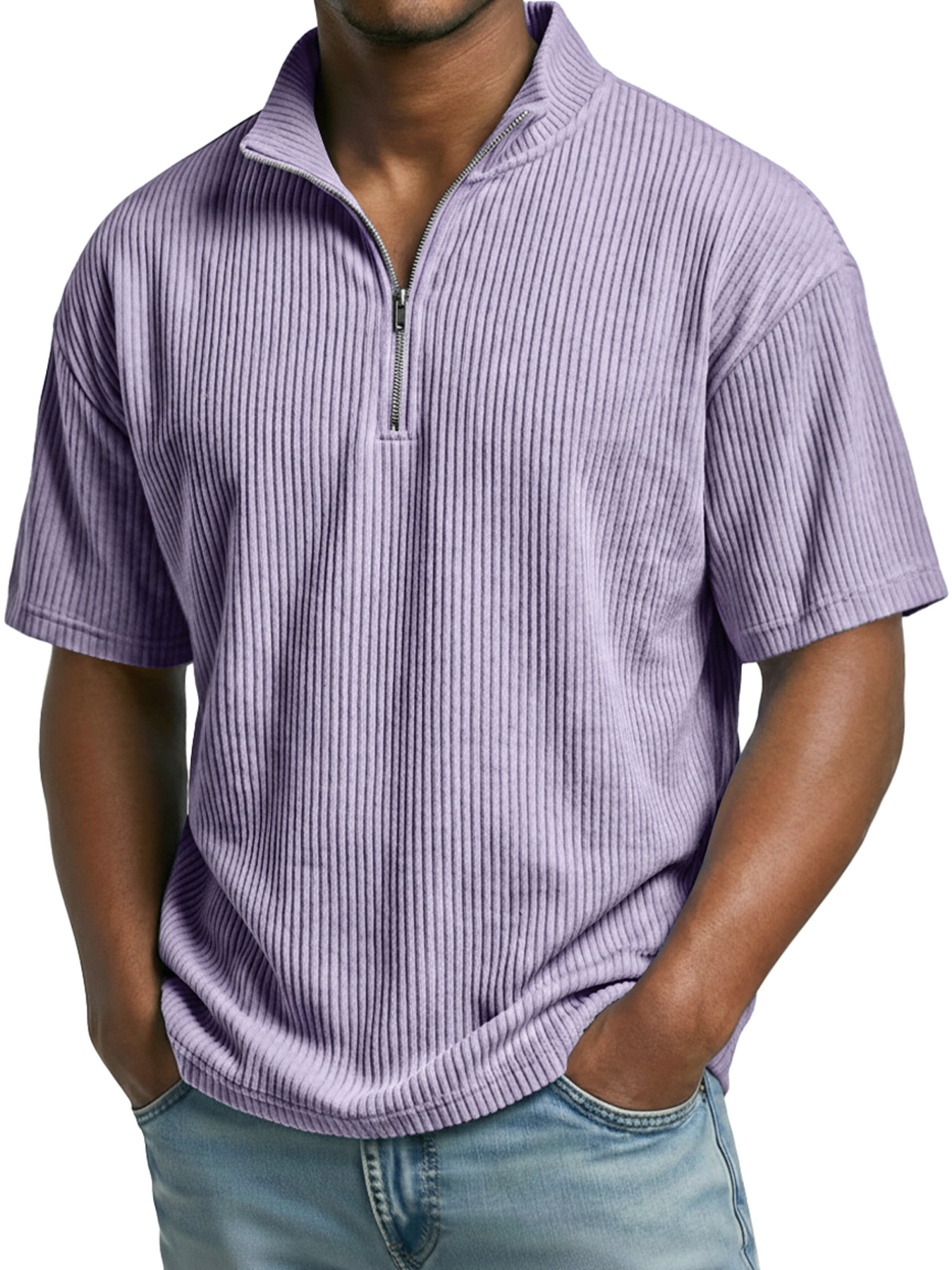 Men's Everyday Ribbed Stand-collar Zip-up Casual Short-sleeved T-shirt