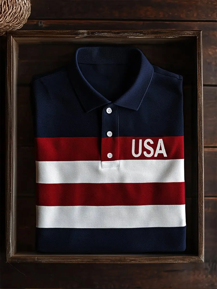 Men's Business Casual Striped Independence Day Button Short Sleeve Polo Shirt