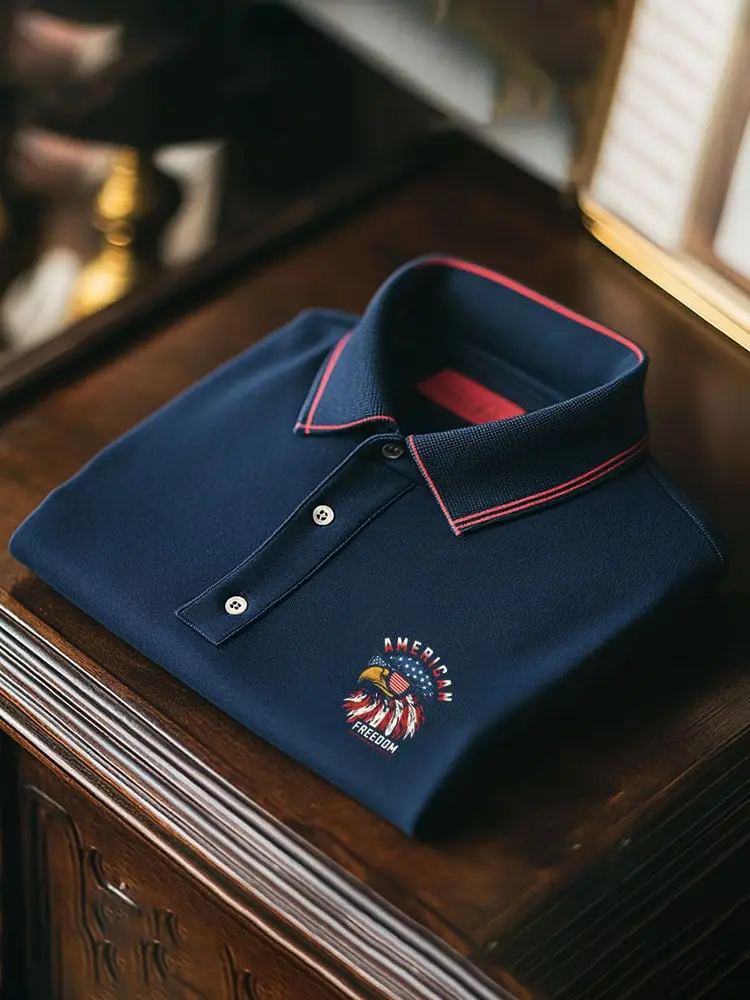 Men's Business Casual Striped Independence Day Button Short Sleeve Polo Shirt