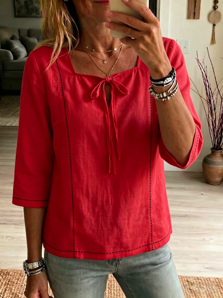 New Arrivals🔥 Women's Square-neck Ties Half-sleeve Cotton Shirt