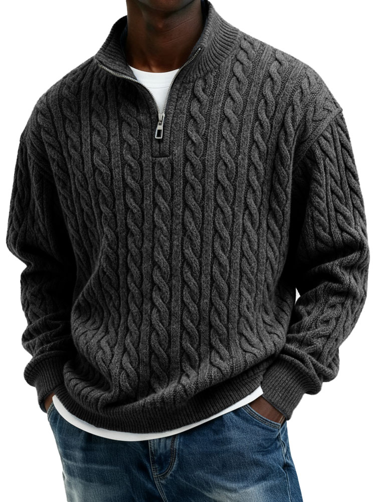 Men’s Casual Twist-Texture Half-Zip Stand Collar Pullover Top