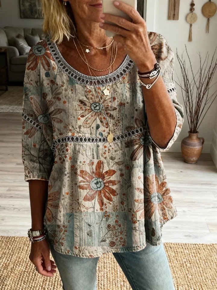 New Arrivals🔥 Women's Bohemian Timeless Floral Print Casual Hollow-out Top