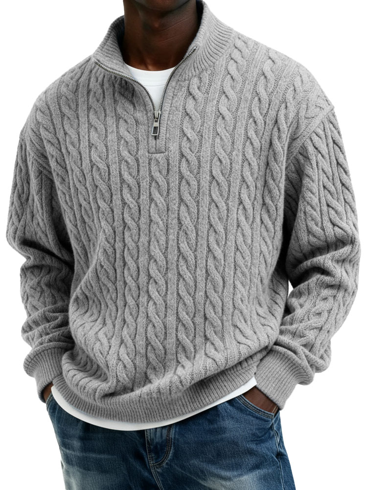 Men’s Casual Twist-Texture Half-Zip Stand Collar Pullover Top