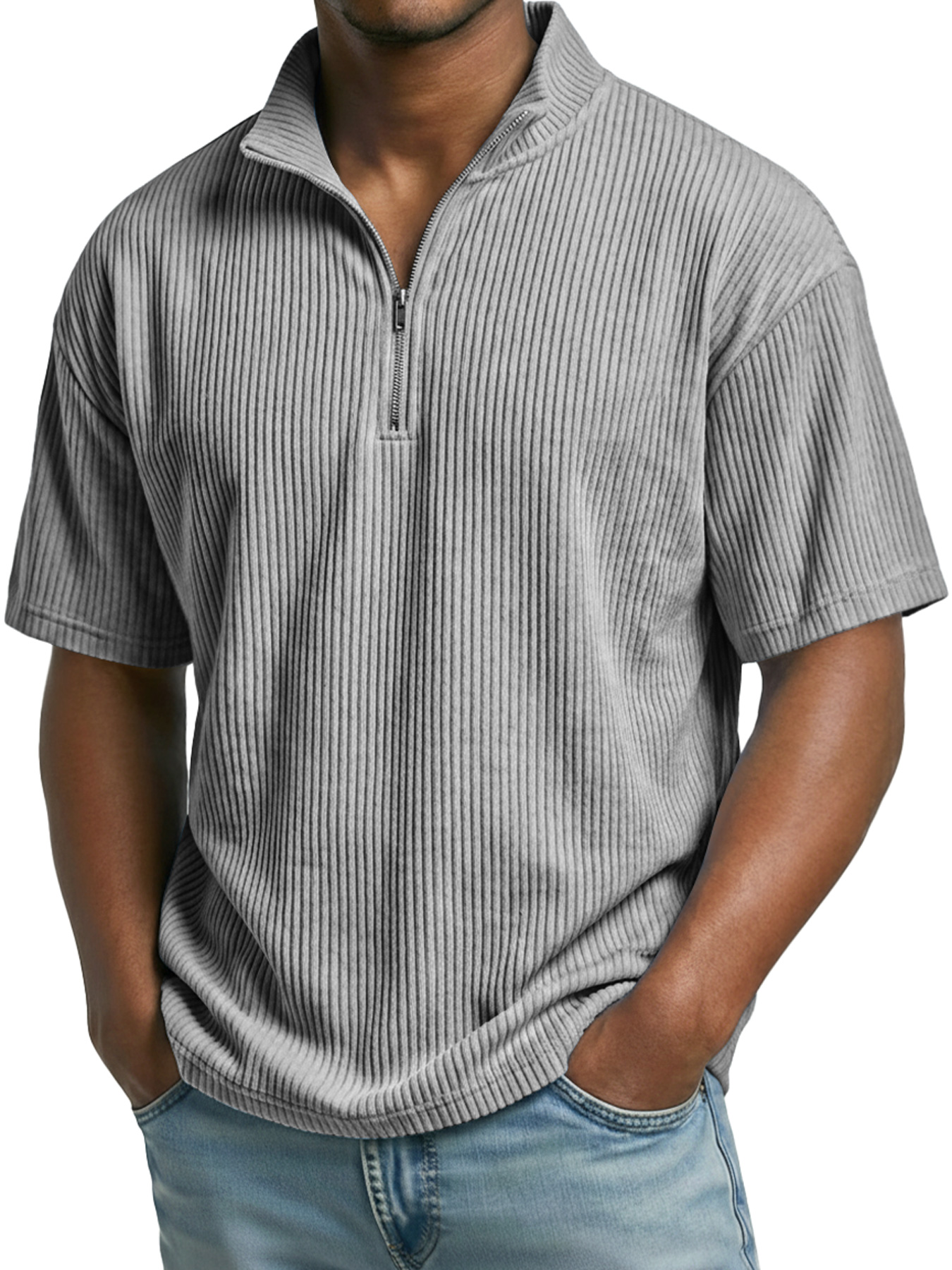 Men's Everyday Ribbed Stand-collar Zip-up Casual Short-sleeved T-shirt