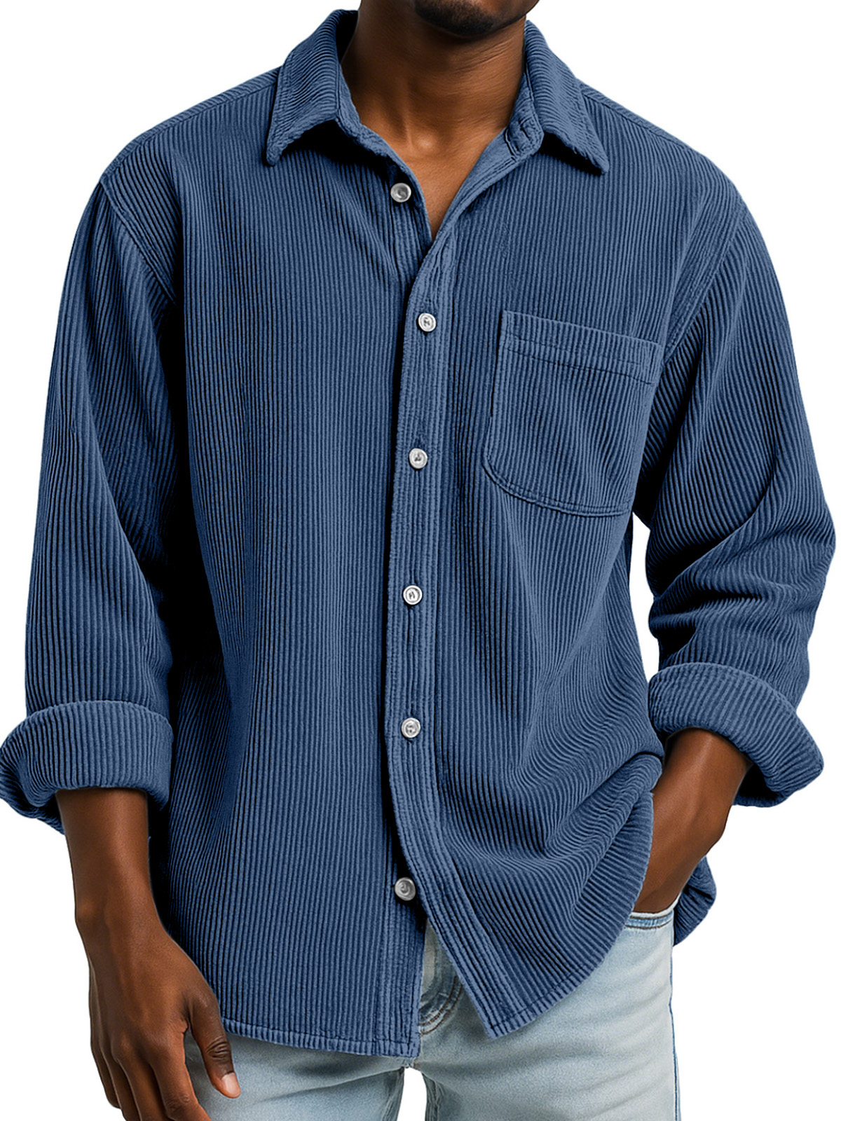 Basic Vintage Corduroy Lapel Button-down Long-sleeve Shirt