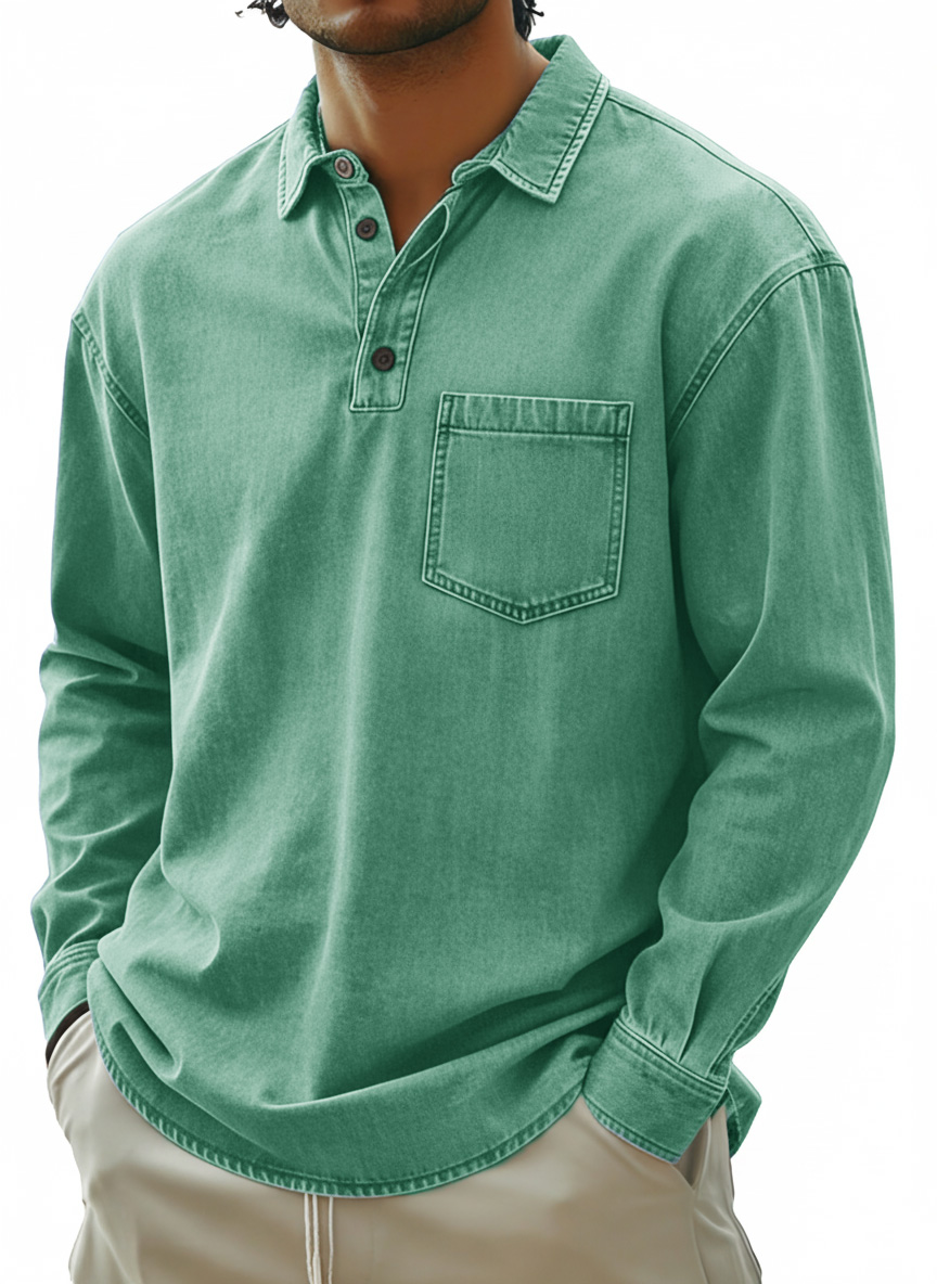 Men's Fashionable Retro Distressed Collared Pocket Long-Sleeved Polo Shirt