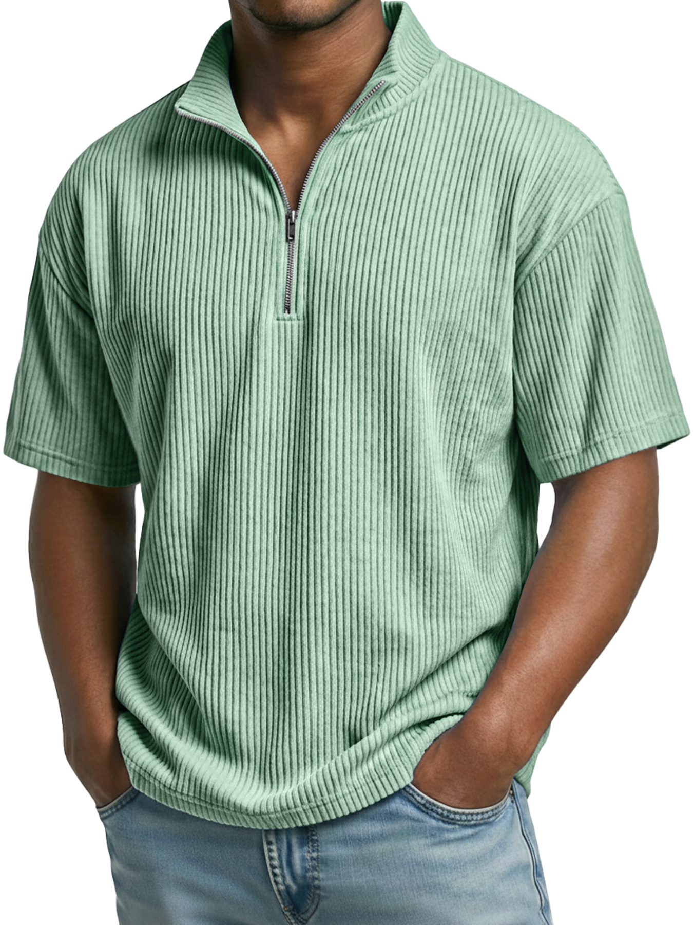 Men's Everyday Ribbed Stand-collar Zip-up Casual Short-sleeved T-shirt