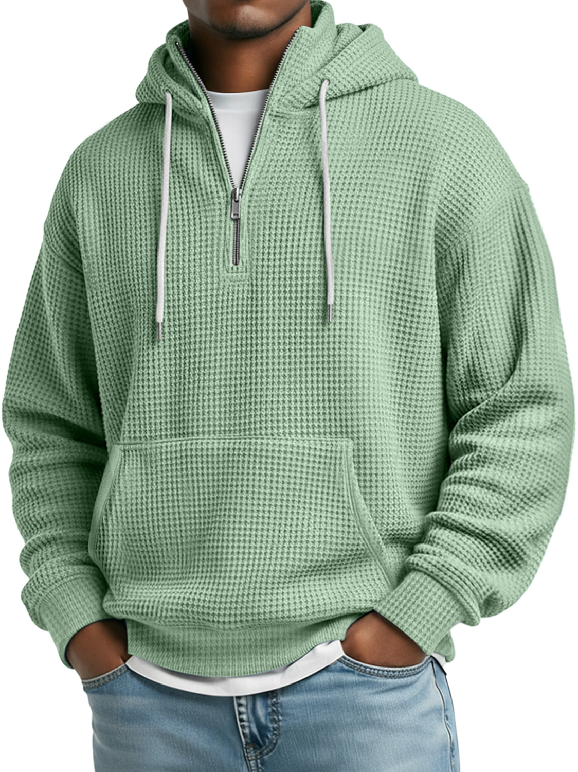 Men's Daily Waffle Stand Collar Zipper Casual Loose Hooded Sweatshirt