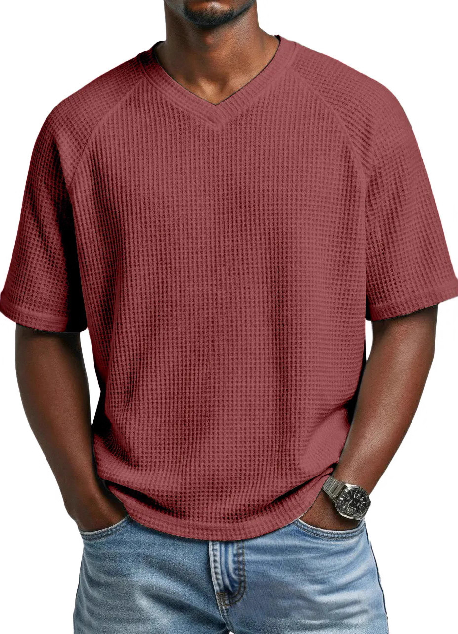 Spring Sale: Stylish Men's Waffle Knit Raglan V-Neck Short-Sleeve T-Shirt