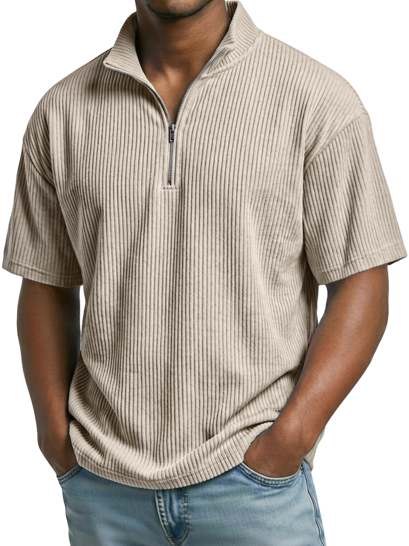 Men's Everyday Ribbed Stand-collar Zip-up Casual Short-sleeved T-shirt