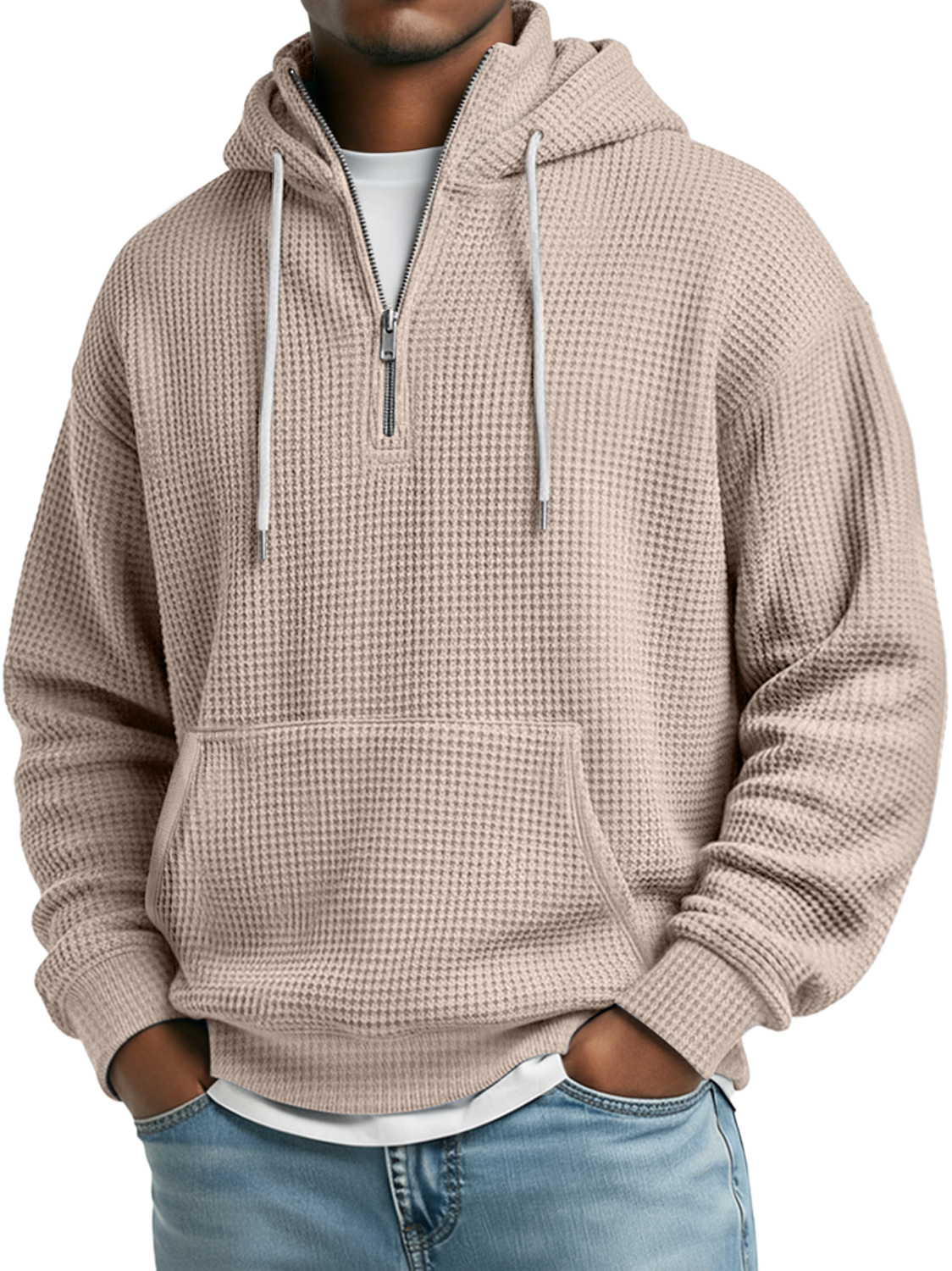 Men's Daily Waffle Stand Collar Zipper Casual Loose Hooded Sweatshirt