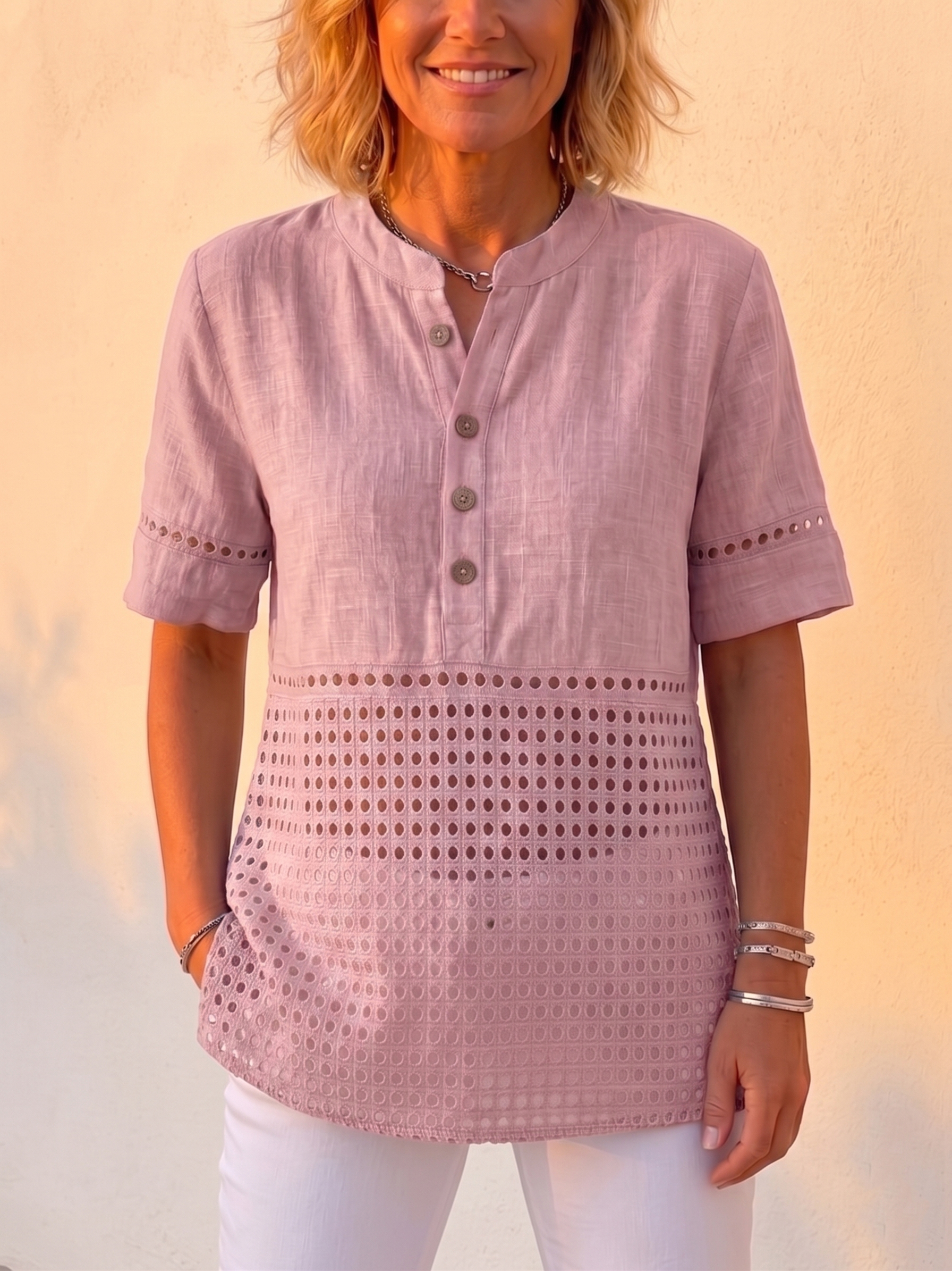 Clearance Sale🔥 Women's Timeless Cotton Linen Eyelet Lace Short Sleeve Shirt, Boho Button-Up Henley Blouse