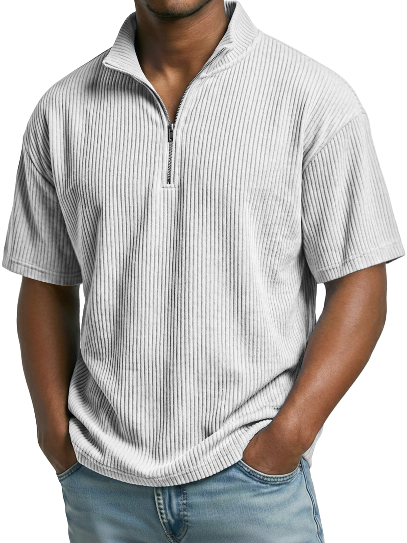 Men's Everyday Ribbed Stand-collar Zip-up Casual Short-sleeved T-shirt