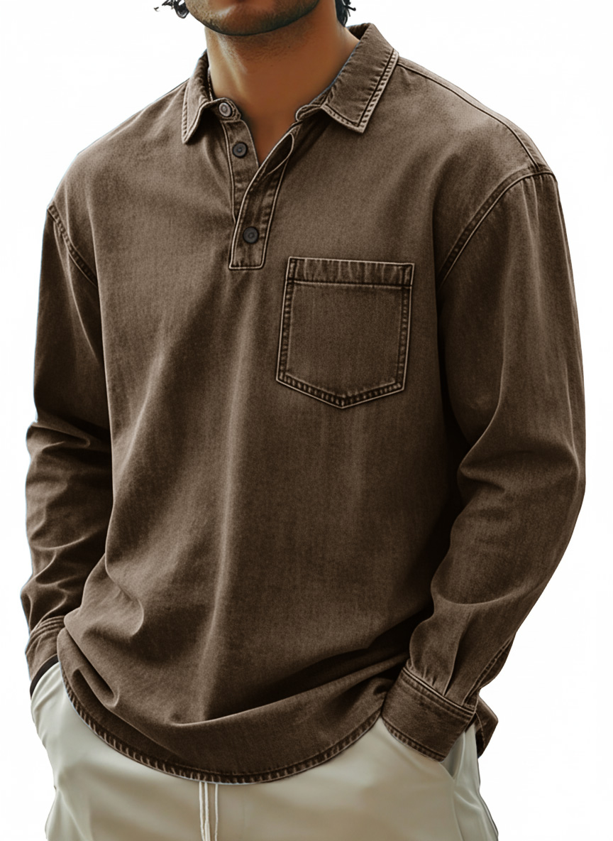 Men's Fashionable Retro Distressed Collared Pocket Long-Sleeved Polo Shirt
