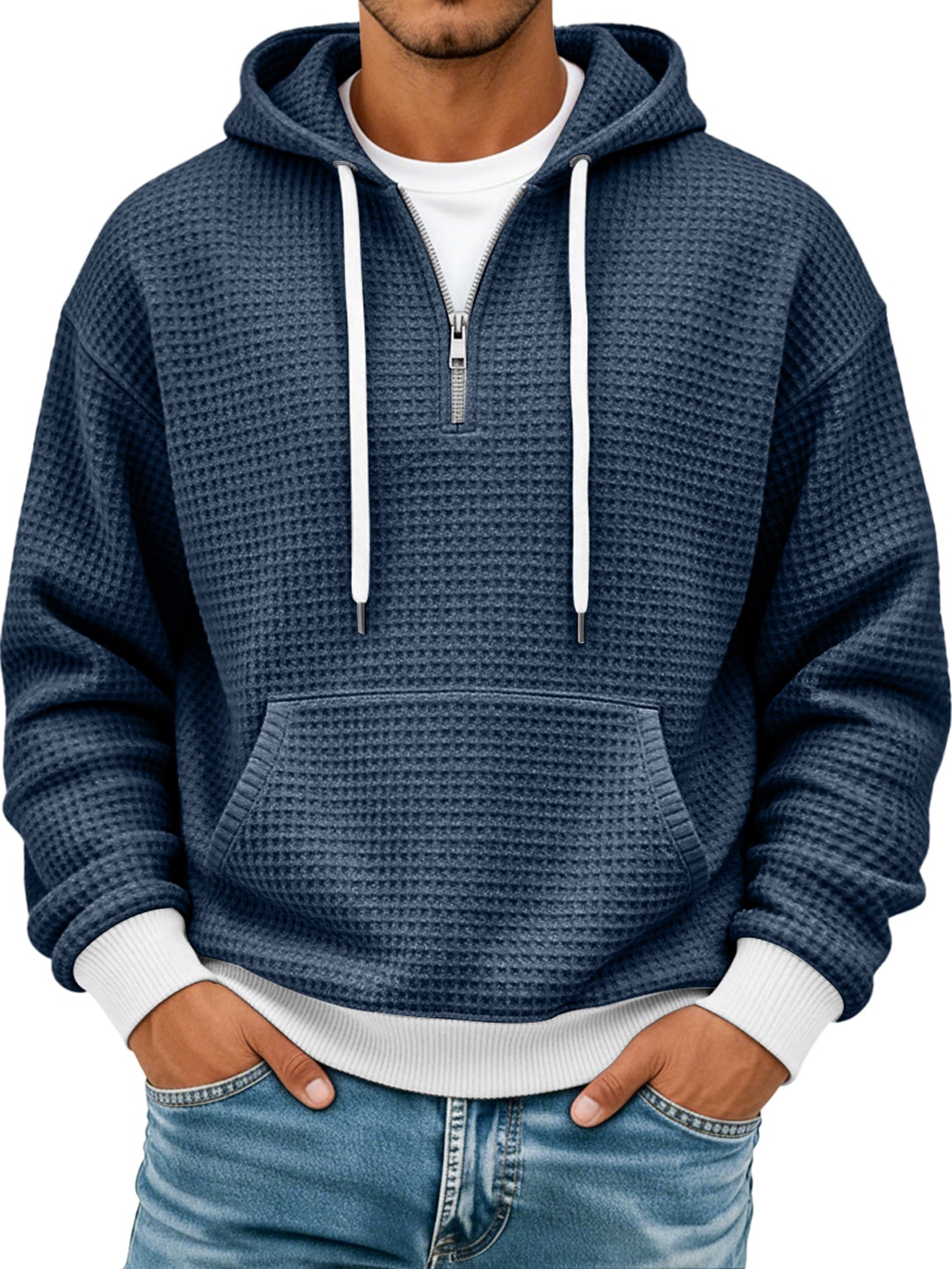 Men's Waffle Texture Colorblock Casual Hooded Sweatshirt