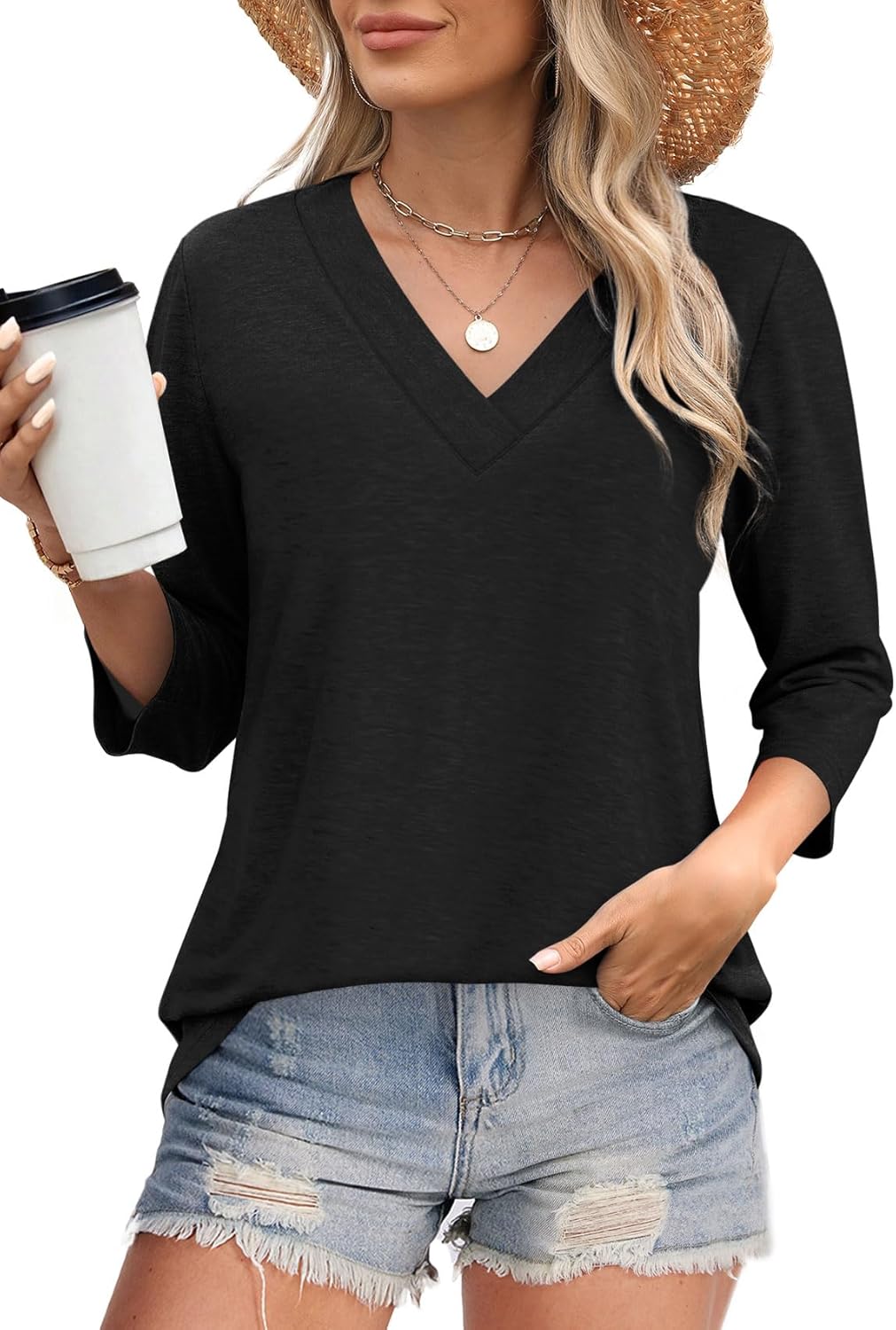 Women's V Neck 3/4 Long Sleeve  Loose Fit  Tops