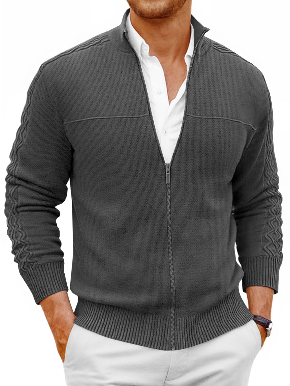 Mens Full Zip Cardigan Sweater Casual Mock Neck Cable Knitted Winter Chunky Sweaters