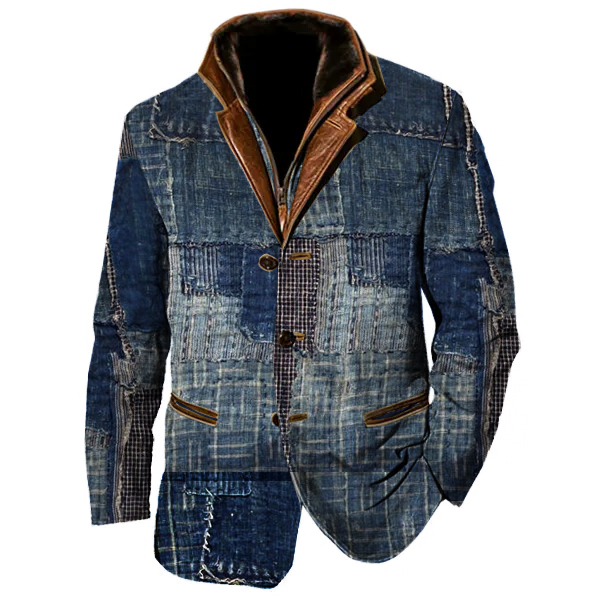 Men's Fashion Retro Patchwork Stand-Collar Long-Sleeve Jacket