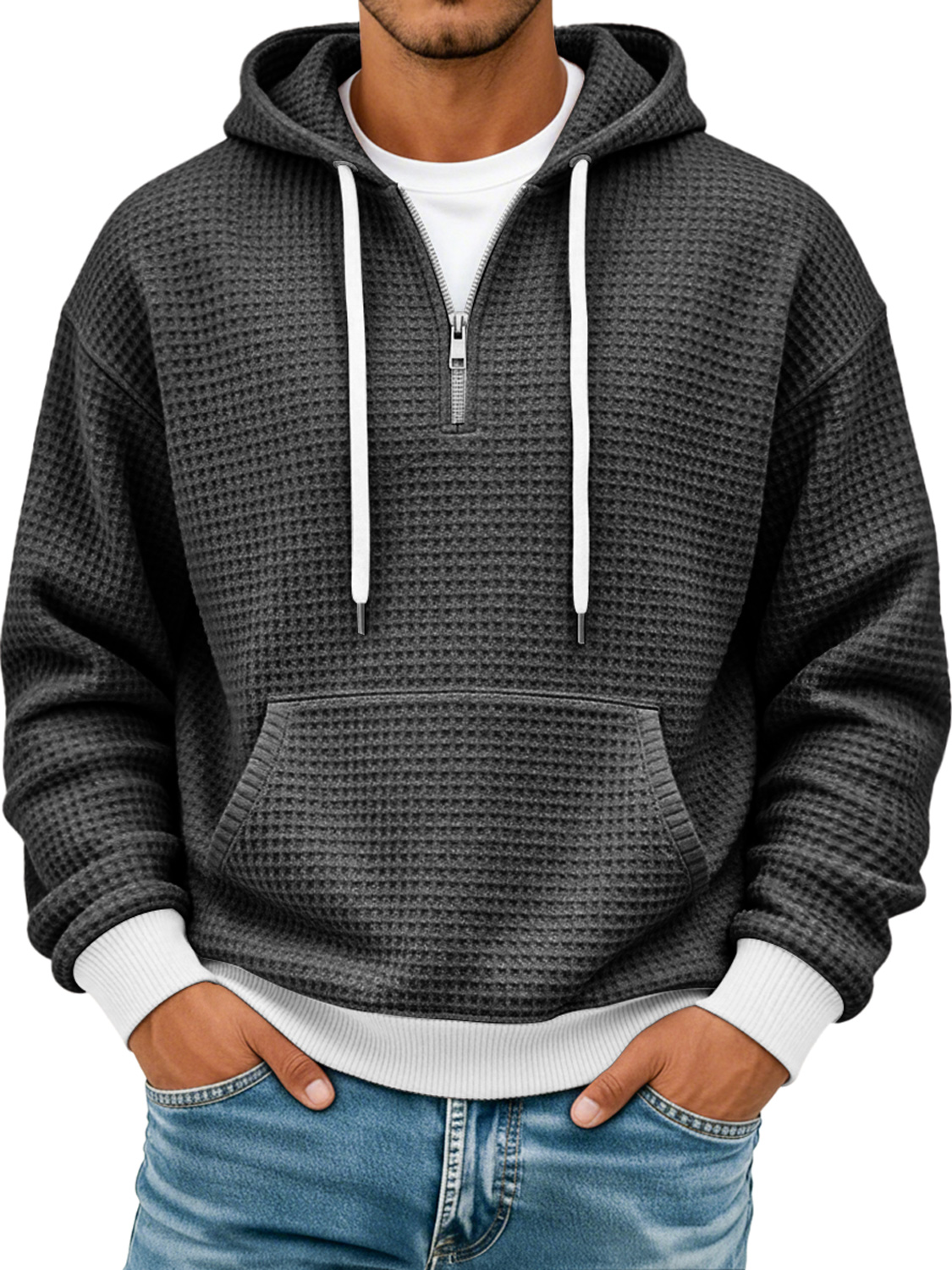 Men's Waffle Texture Colorblock Casual Hooded Sweatshirt