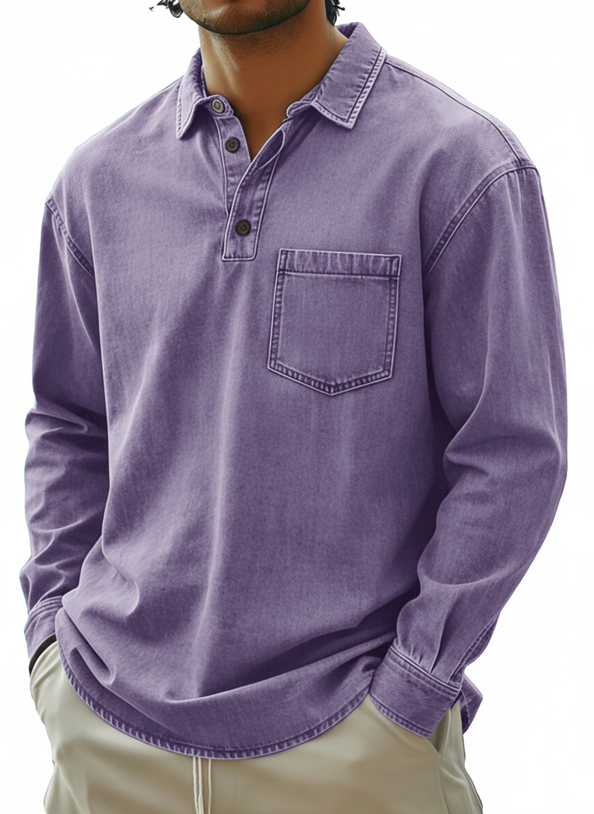 Men's Fashionable Retro Distressed Collared Pocket Long-Sleeved Polo Shirt