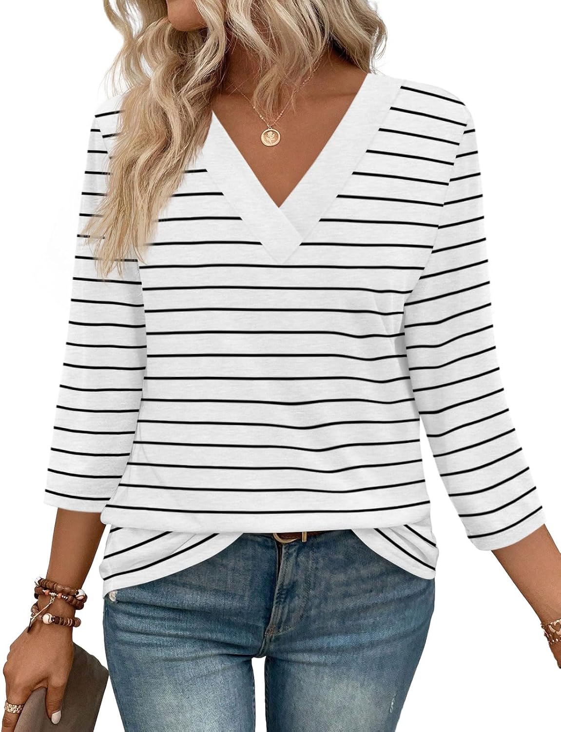Women's V Neck 3/4 Long Sleeve  Loose Fit  Tops