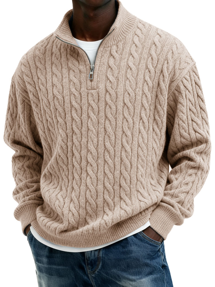 Men’s Casual Twist-Texture Half-Zip Stand Collar Pullover Top