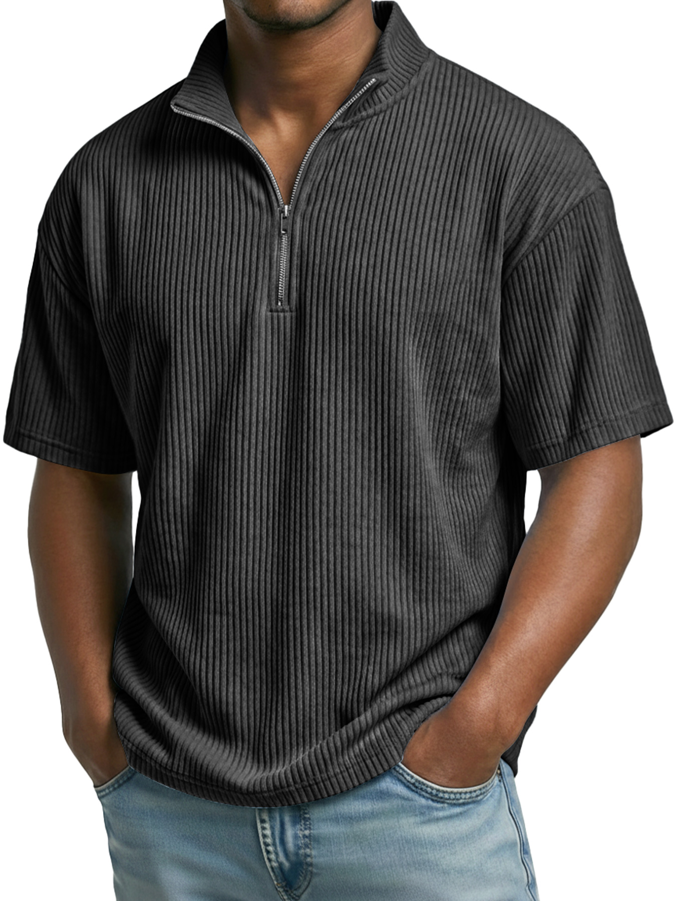Men's Everyday Ribbed Stand-collar Zip-up Casual Short-sleeved T-shirt