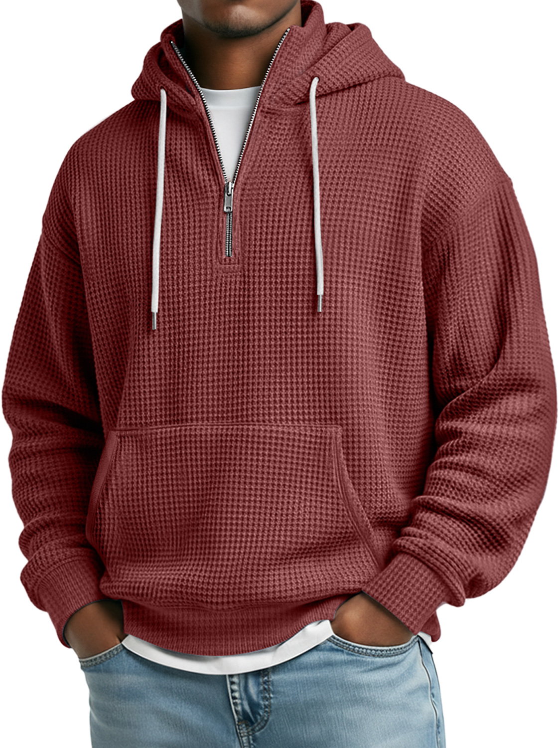 Men's Daily Waffle Stand Collar Zipper Casual Loose Hooded Sweatshirt