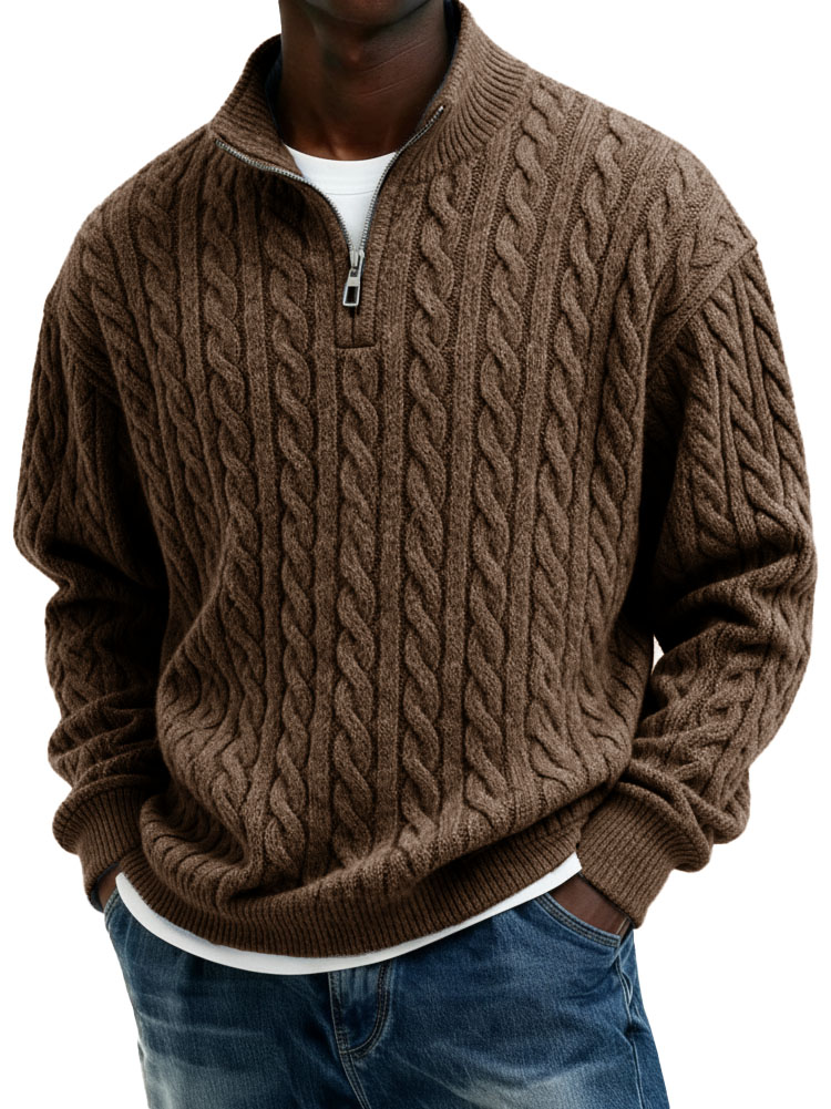 Men’s Casual Twist-Texture Half-Zip Stand Collar Pullover Top