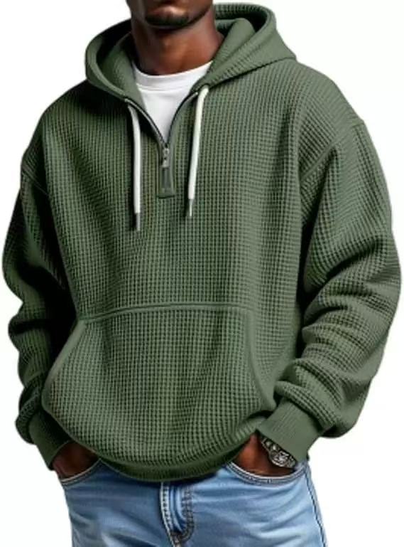 Men's Waffle Zip-Up Hoodie - Lifestyle Front View with Textured Waffle Detail
