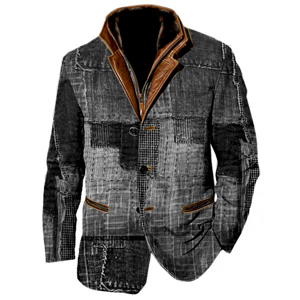 Men's Fashion Retro Patchwork Stand-Collar Long-Sleeve Jacket