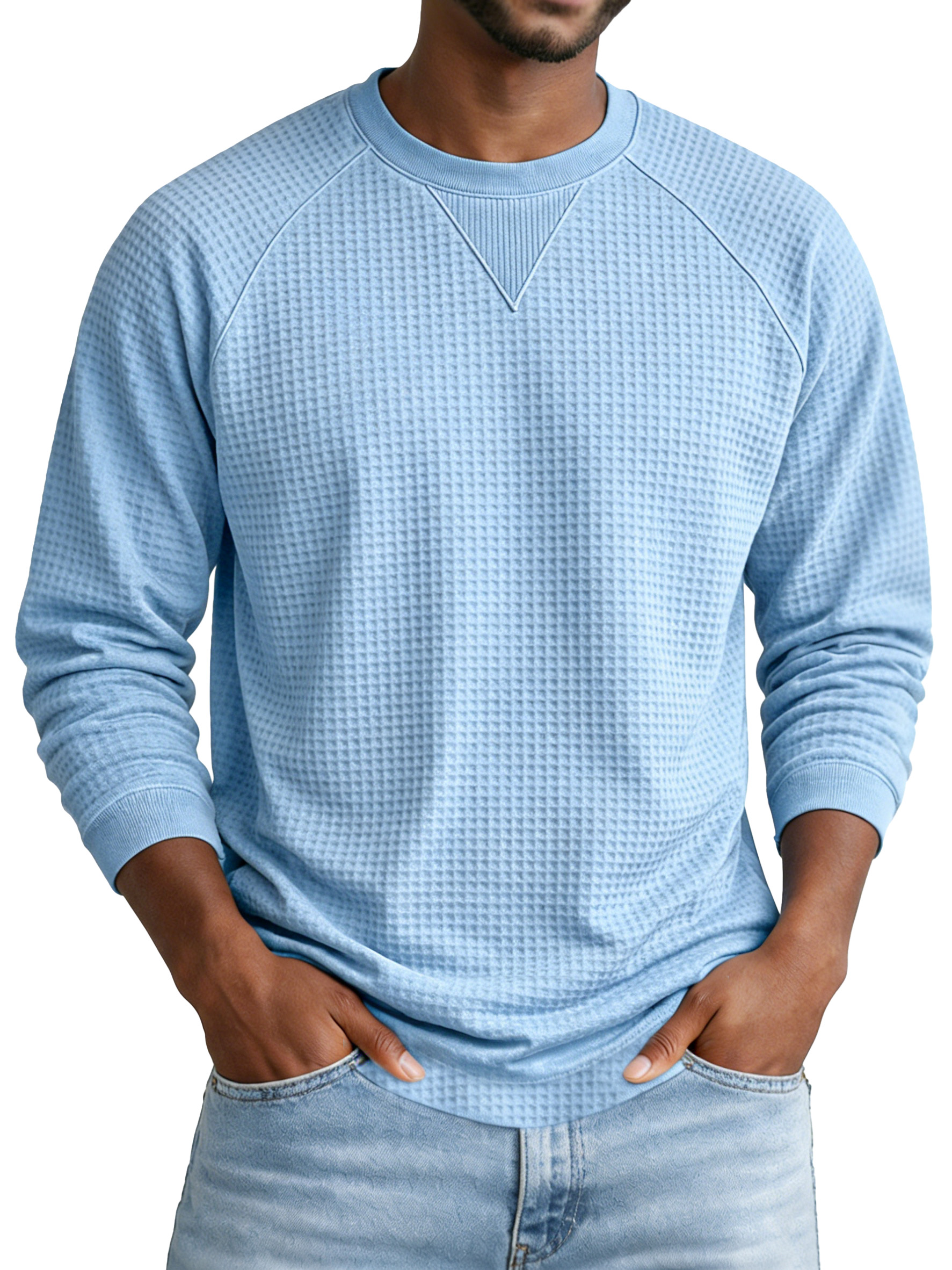 Men's Everyday Solid Color Waffle Knit Inverted Triangle Design Pocketed Crew Neck Long-sleeved T-shirt