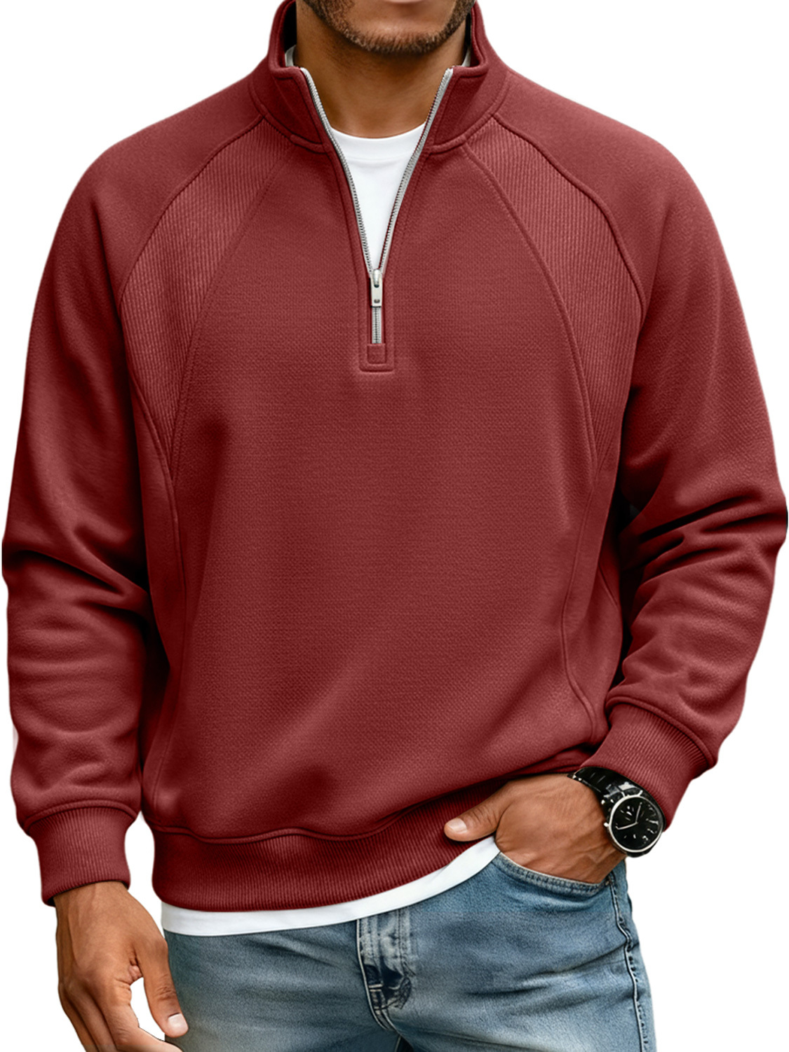 Men's Simple Raglan Stitching Stand Collar Zipper Casual Loose Sweatshirt