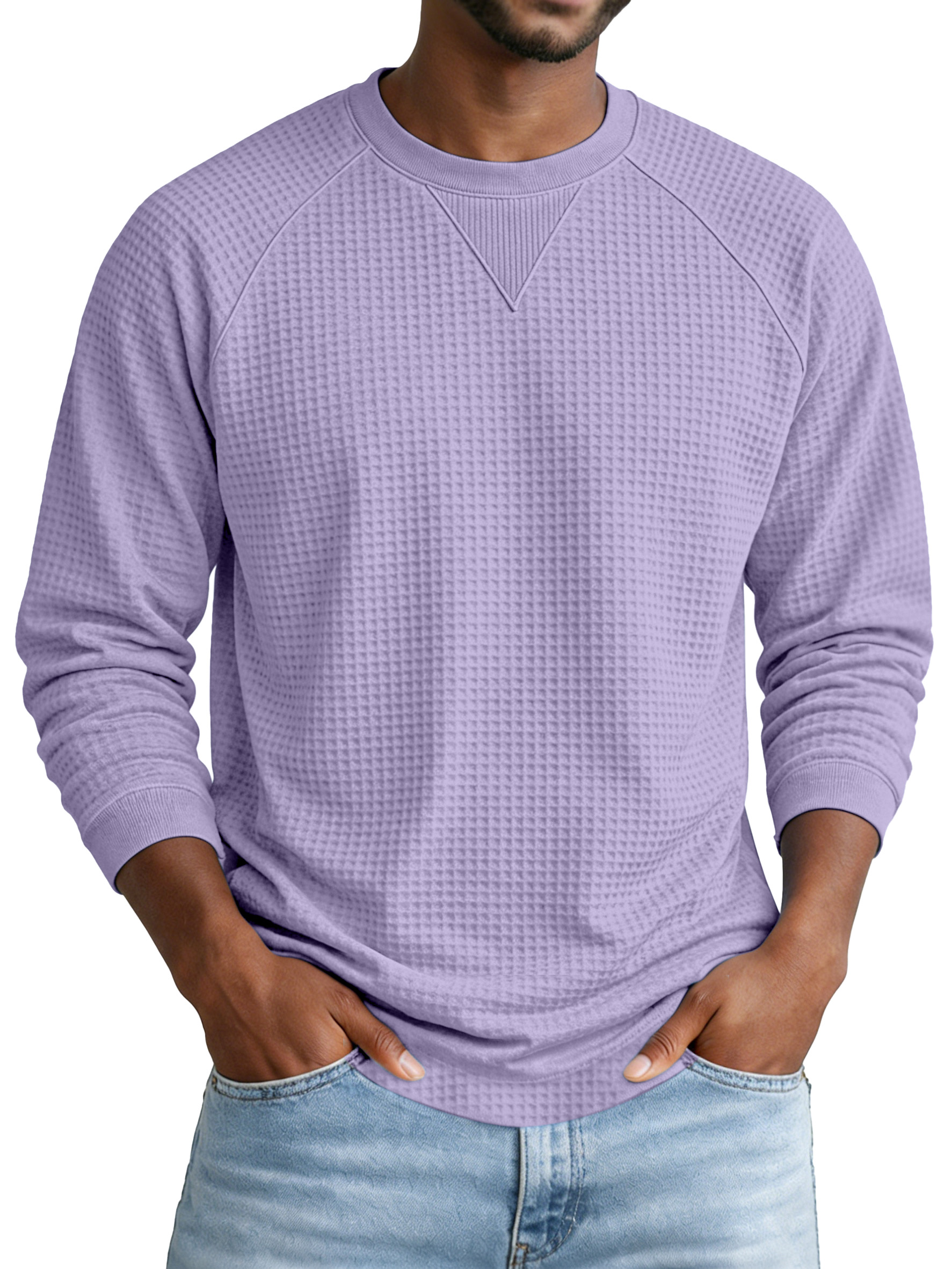 Men's Everyday Solid Color Waffle Knit Inverted Triangle Design Pocketed Crew Neck Long-sleeved T-shirt