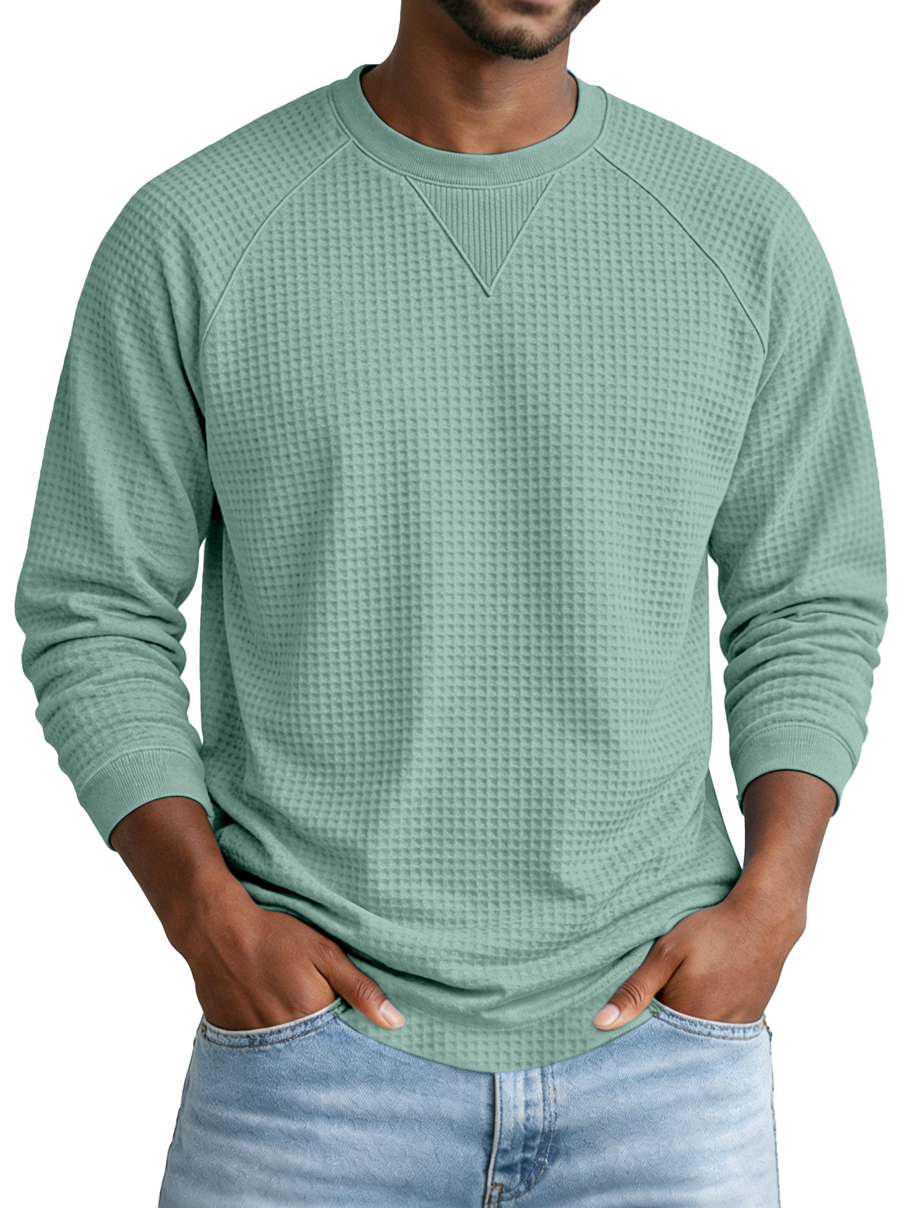 Men's Everyday Solid Color Waffle Knit Inverted Triangle Design Pocketed Crew Neck Long-sleeved T-shirt