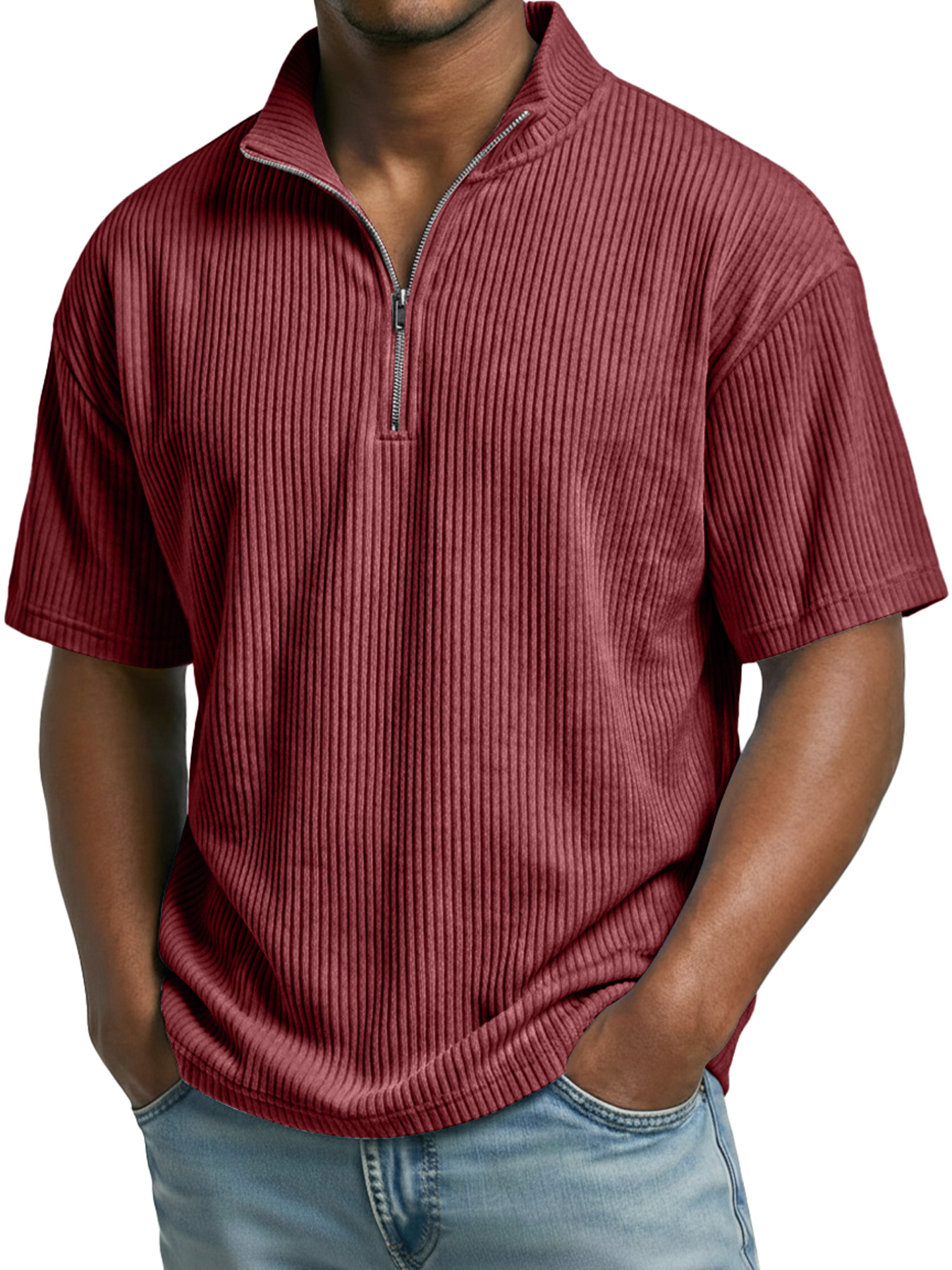 Men's Everyday Ribbed Stand-collar Zip-up Casual Short-sleeved T-shirt