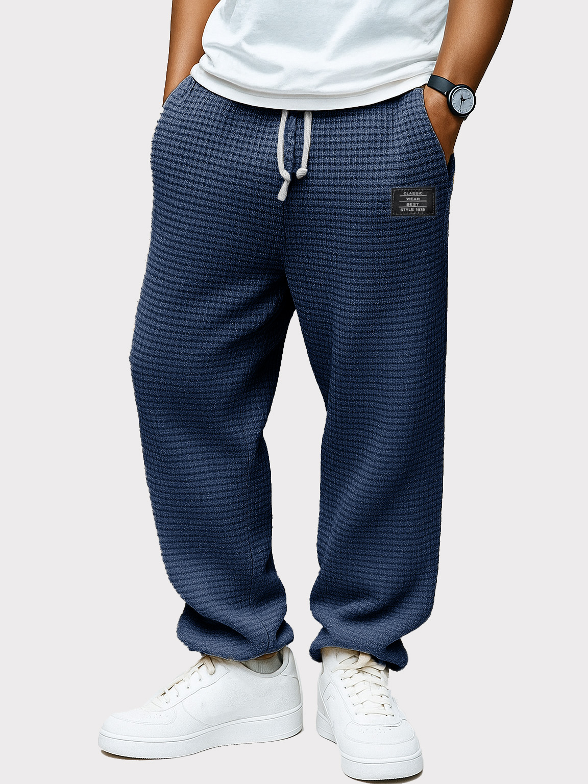 Men's Fashion Casual Waffle Fabric Pocket Pocket Embroidery Drawstring Loose Trousers