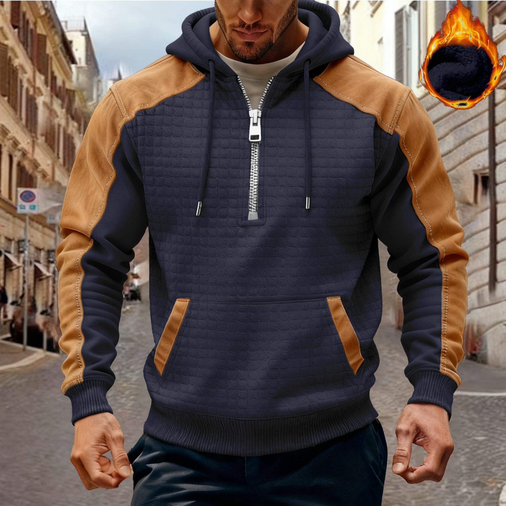 Men'S Color Block Hoodie Fleece Warm Tactical Sweatshirt Pullover Zipper Long Sleeve Men'S Clothing