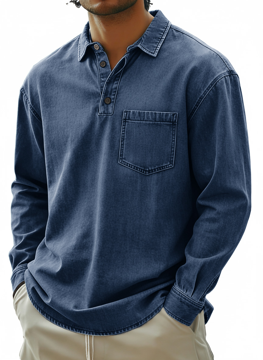 Men's Fashionable Retro Distressed Collared Pocket Long-Sleeved Polo Shirt