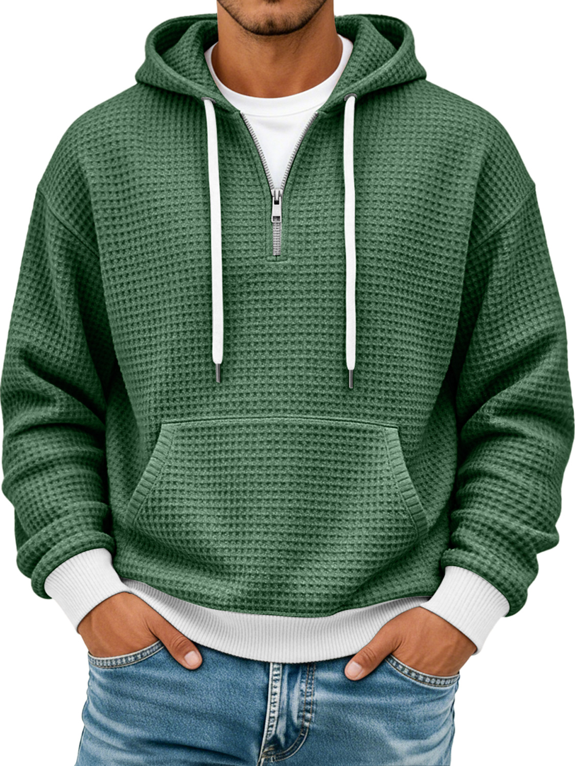 Men's Waffle Texture Colorblock Casual Hooded Sweatshirt
