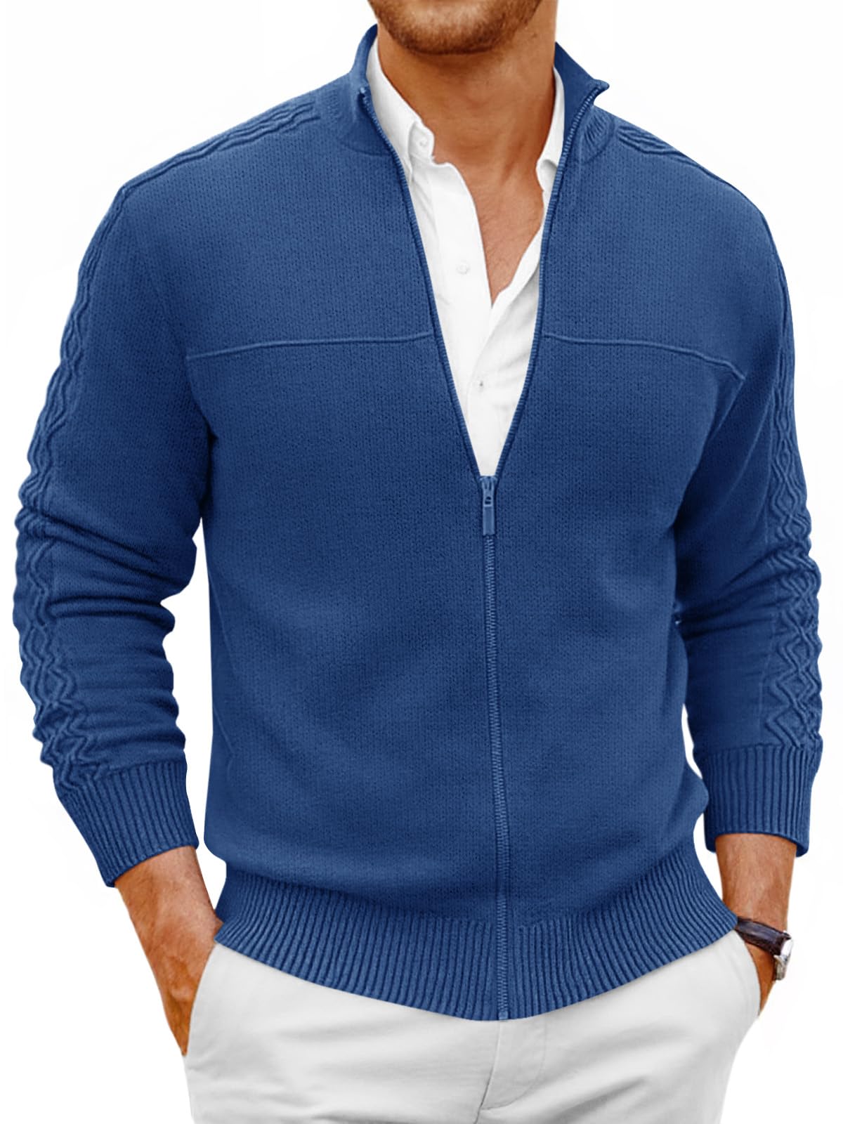 Mens Full Zip Cardigan Sweater Casual Mock Neck Cable Knitted Winter Chunky Sweaters