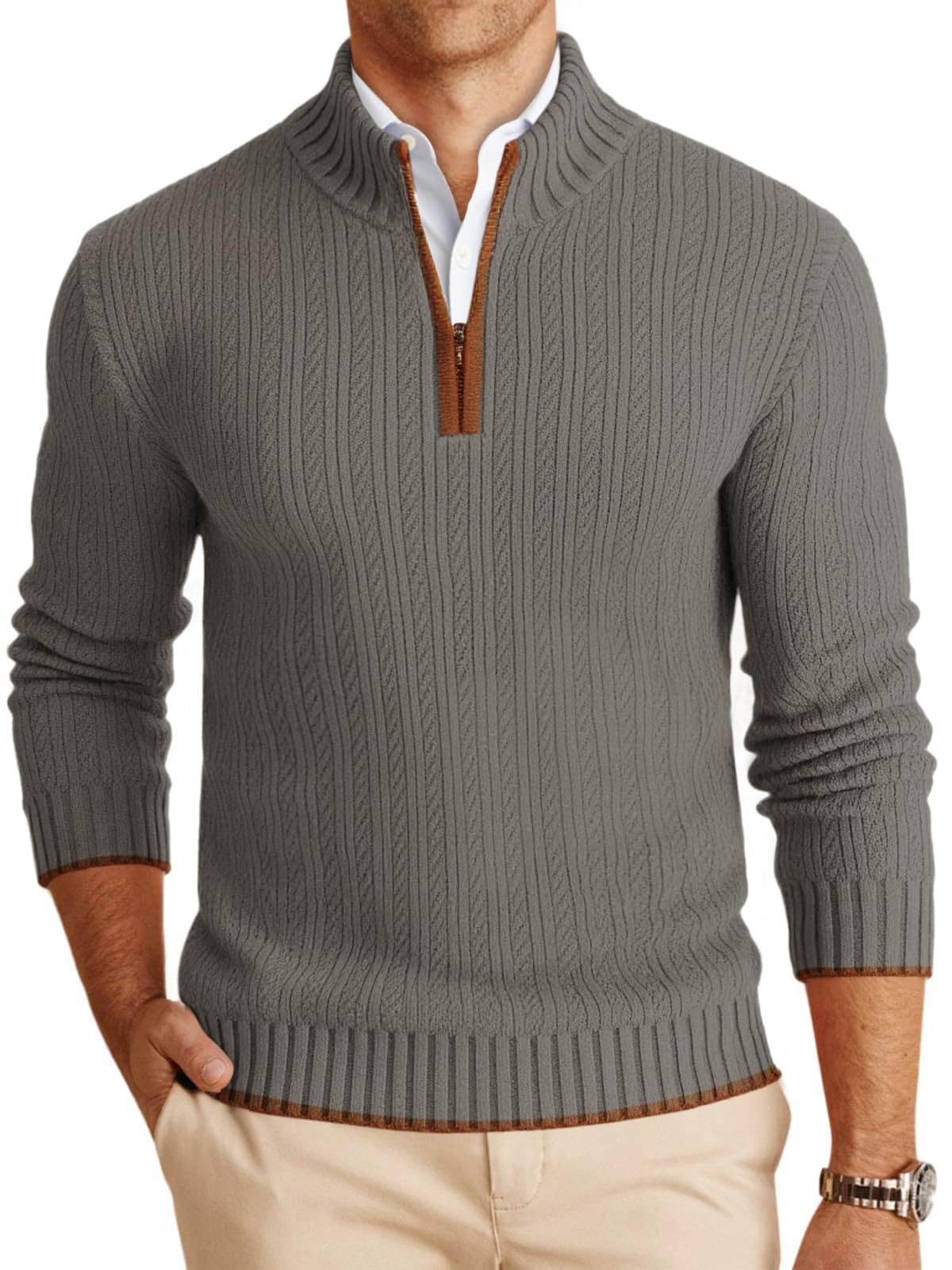 Mens Quarter-Zip Pullover Sweater Casual Mock Neck Knitted Winter Warm Ribbed Polo Sweaters