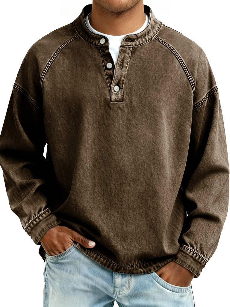 50% Off Today! - Men's Retro Fashion Distressed Stand-Collar Button Long-Sleeve Top